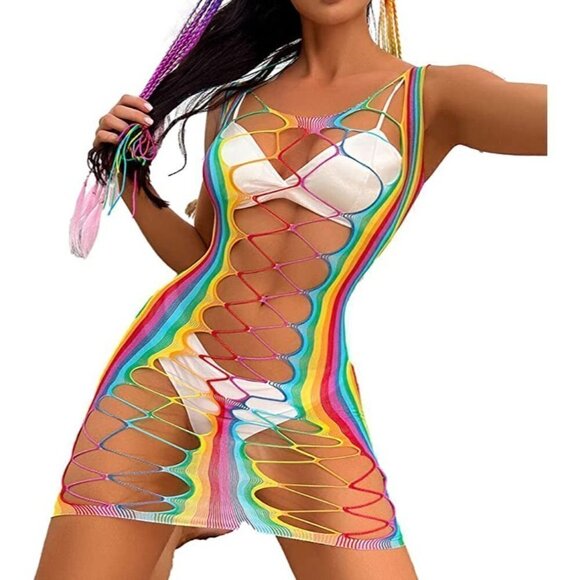 🌈 Rainbow Fishnet Stockings Mesh Lingerie Bodysuit Party Rave Boho Cosplay NWT - Picture 2 of 5